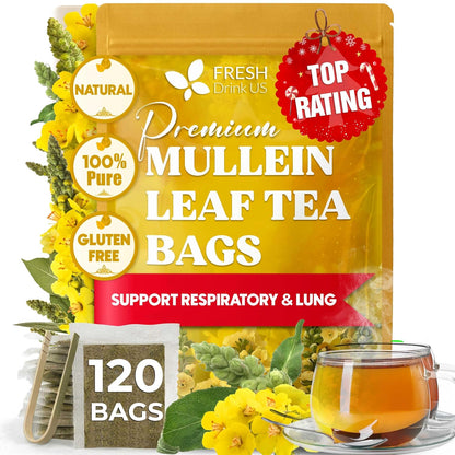 FreshDrinkUS, Premium Mullein Leaf Tea, 120 Count, Pure, Caffeine Free