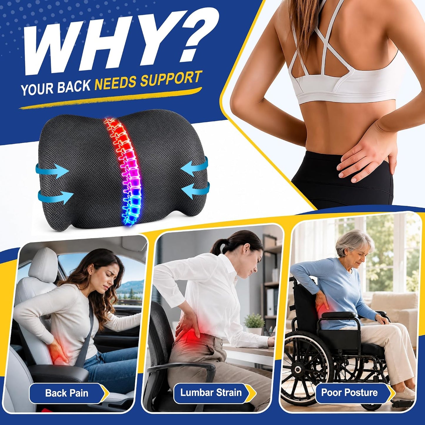 Lumbar Support Pillow for Car, Memory Foam, Black | Back Pain Relief, Adjustable Straps, Office Chair Compatible, Desk Chair Compatible