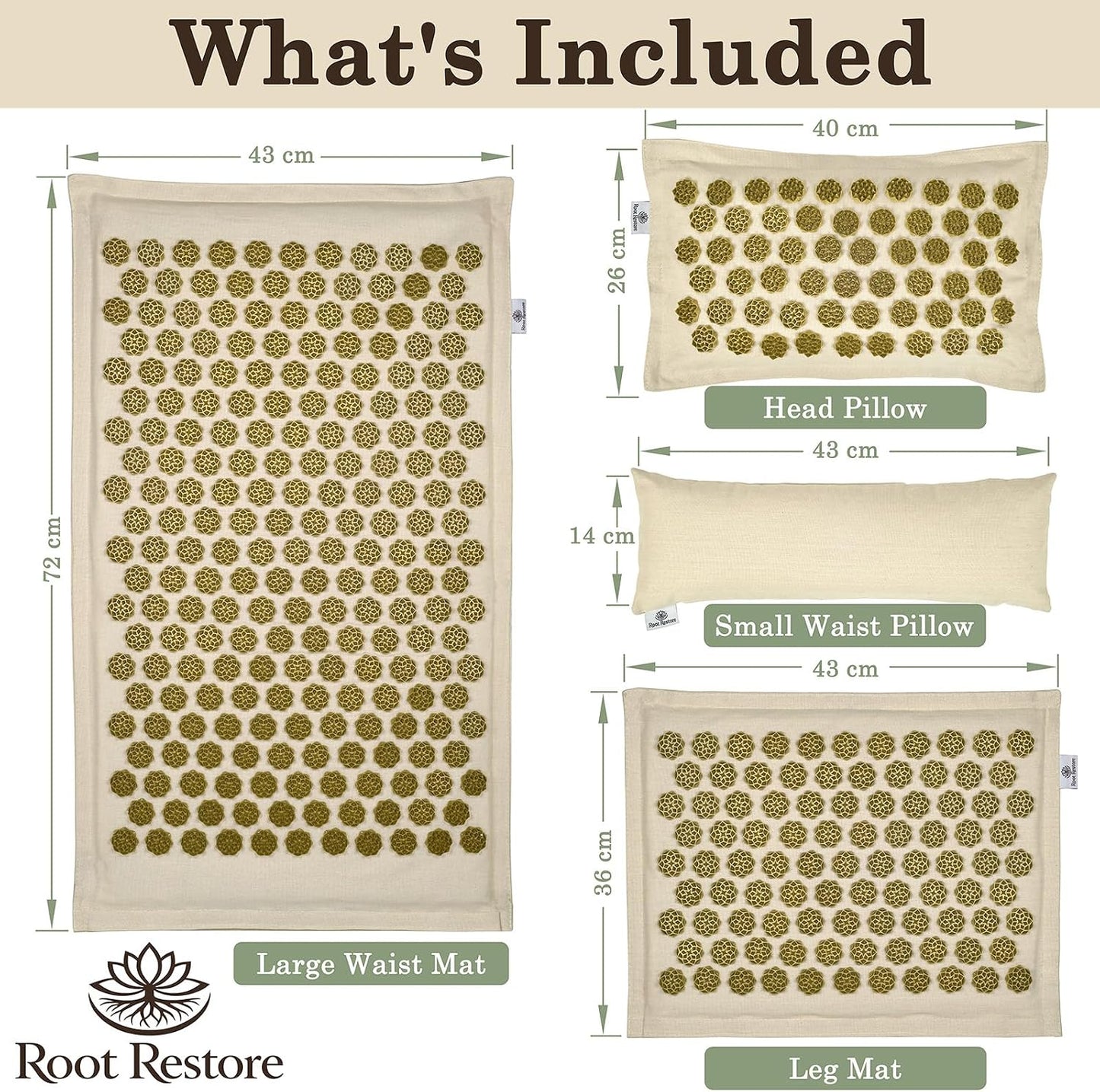 Acupressure Mat and Pillow Set — 4 Piece Full Body Set — Natural Linen & Coconut Fiber — Back Neck Pain Relief, Muscle Relaxation, Stress Relief — Includes Carry Bag