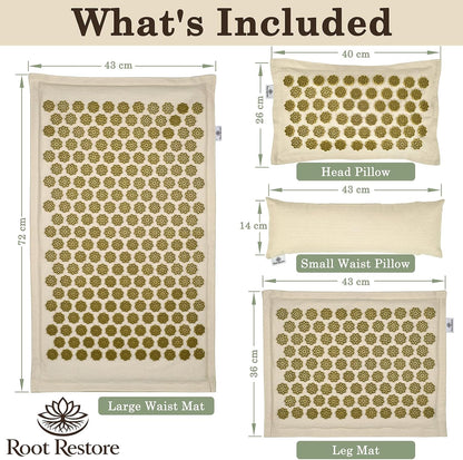 Acupressure Mat and Pillow Set — 4 Piece Full Body Set — Natural Linen & Coconut Fiber — Back Neck Pain Relief, Muscle Relaxation, Stress Relief — Includes Carry Bag