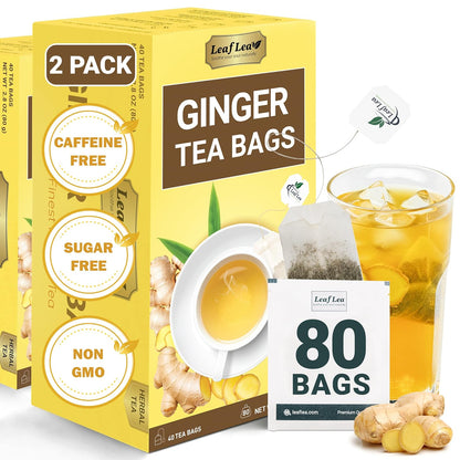 LeafLea Ginger Root Tea Bags, Real Ginger Herbal Tea, 80 Count