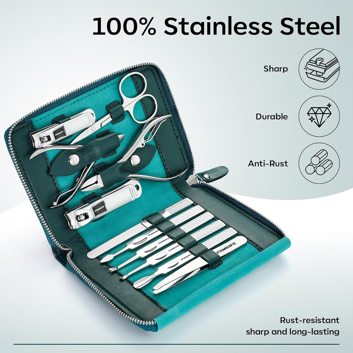 FAMILIFE Stainless Steel Manicure Set 11-in-1 Professional Nail Clipper Kit