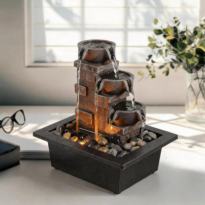 GOSSI 3-Tier Stone Wall Tabletop Water Fountain with Natural River Rocks, LED Lights, Zen Meditation Waterfall for Office and Home Decor, Relaxing Desktop Fountain, Christmas Decoration