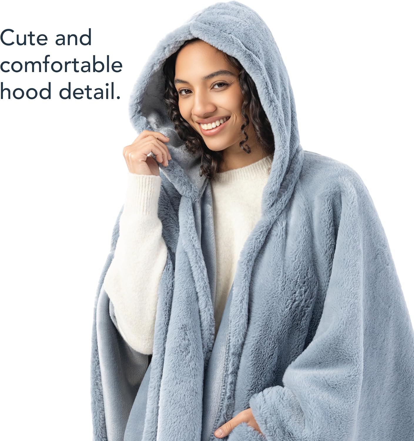 Berkshire Faux Fur Wearable Blanket, Cozy Reversible Loftmink Fleece Shawl with Hood & Side Pockets
