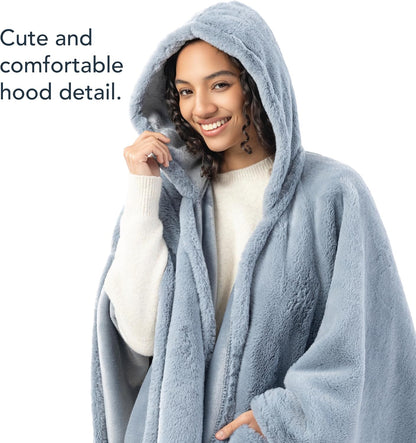 Berkshire Faux Fur Wearable Blanket, Cozy Reversible Loftmink Fleece Shawl with Hood & Side Pockets