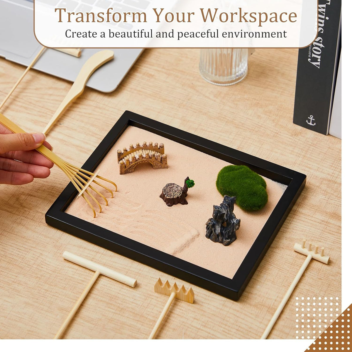 Soulchen 8 Pcs Mini Zen Garden Kit for Table Decor DIY Your Own Zen Garden 8.5" x 6.7" Japanese Sand Tray 6 Rake Tools Meditation Gifts Set for Home Office Tabletop Accessories Therapy Stress Relief