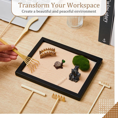 Soulchen 8 Pcs Mini Zen Garden Kit for Table Decor DIY Your Own Zen Garden 8.5" x 6.7" Japanese Sand Tray 6 Rake Tools Meditation Gifts Set for Home Office Tabletop Accessories Therapy Stress Relief