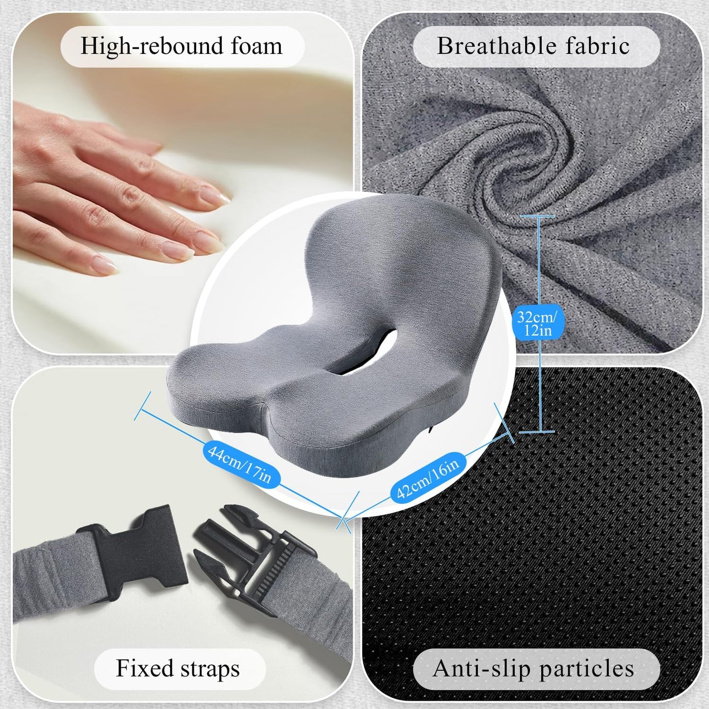 Car Seat Cushion, Memory Foam Driving Cushion with Adjustable Strap, Ergonomic Pad for Car & Semi Truck, Office Chair Cushion for Sciatica & Lower Back Pain Relief, Dark Gray