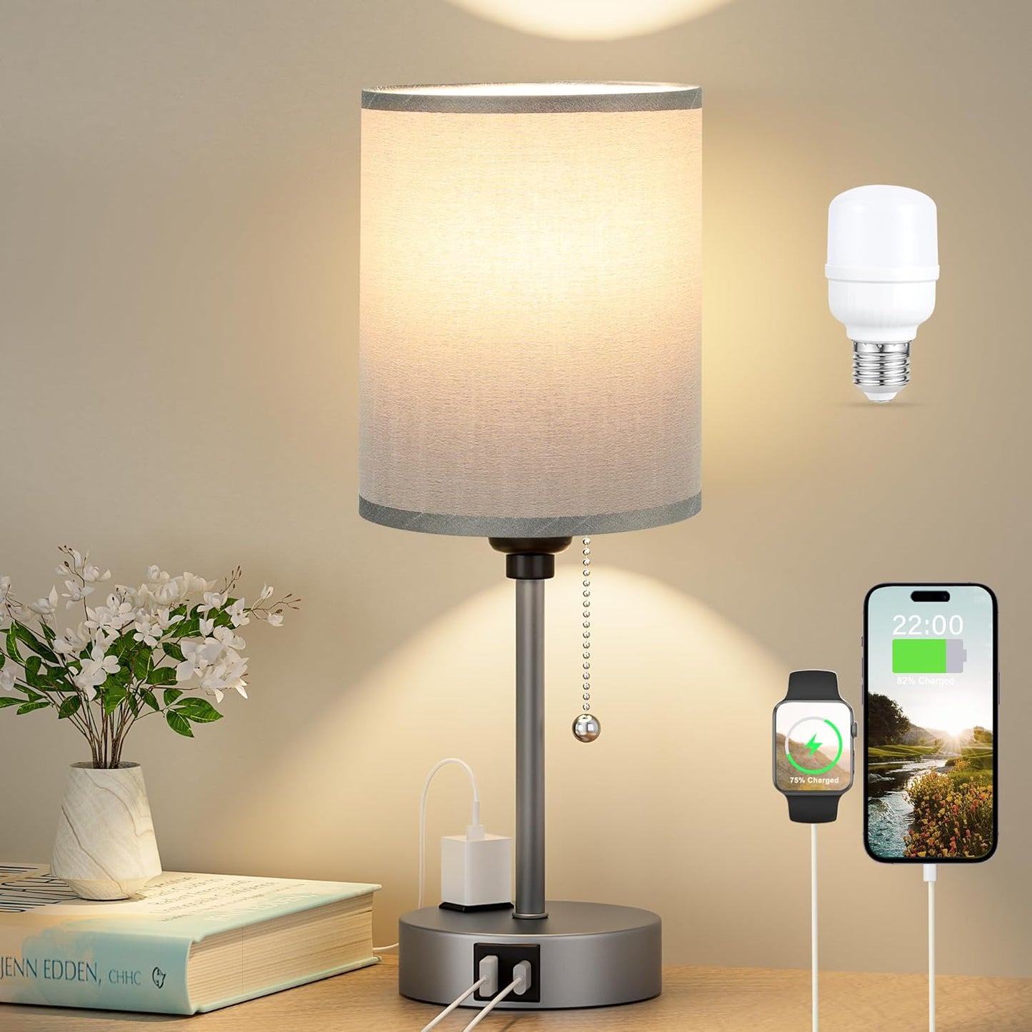 Small Bedside Table lamp for Bedroom - 3 Color Temperatures Bedside Lamps with USB C and A Ports, Pull Chain Table Lamps with AC Outlet, White Nightstand Lamps with Black Metal Base for Kids Reading
