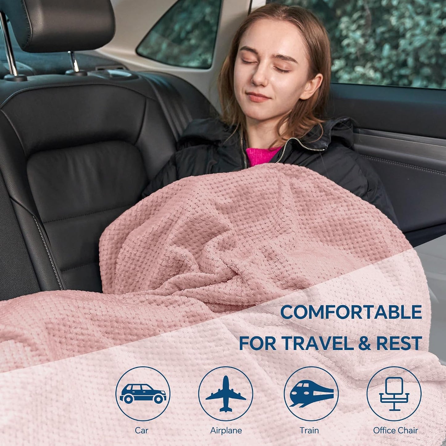 BEDELITE Travel Blanket with Bag, Jacquard Fleece Blanket 65"x40", Blue