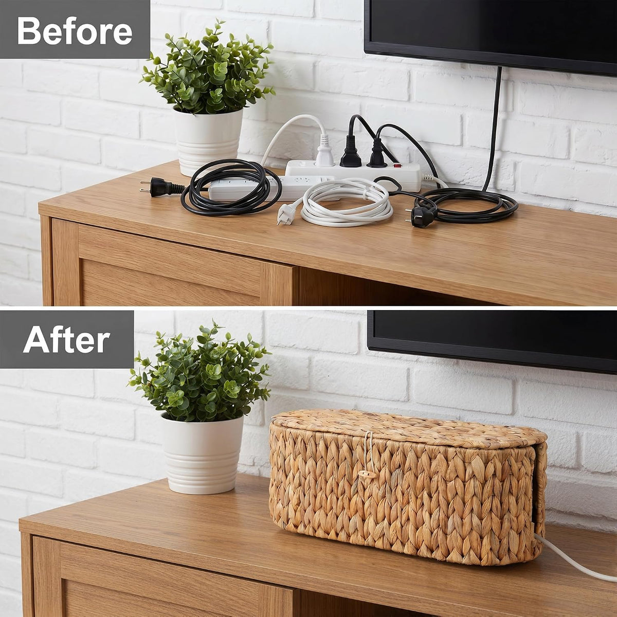 Set of 2 Cable Management Box, Handwoven Cord Hider Box with 3 Open Slots
