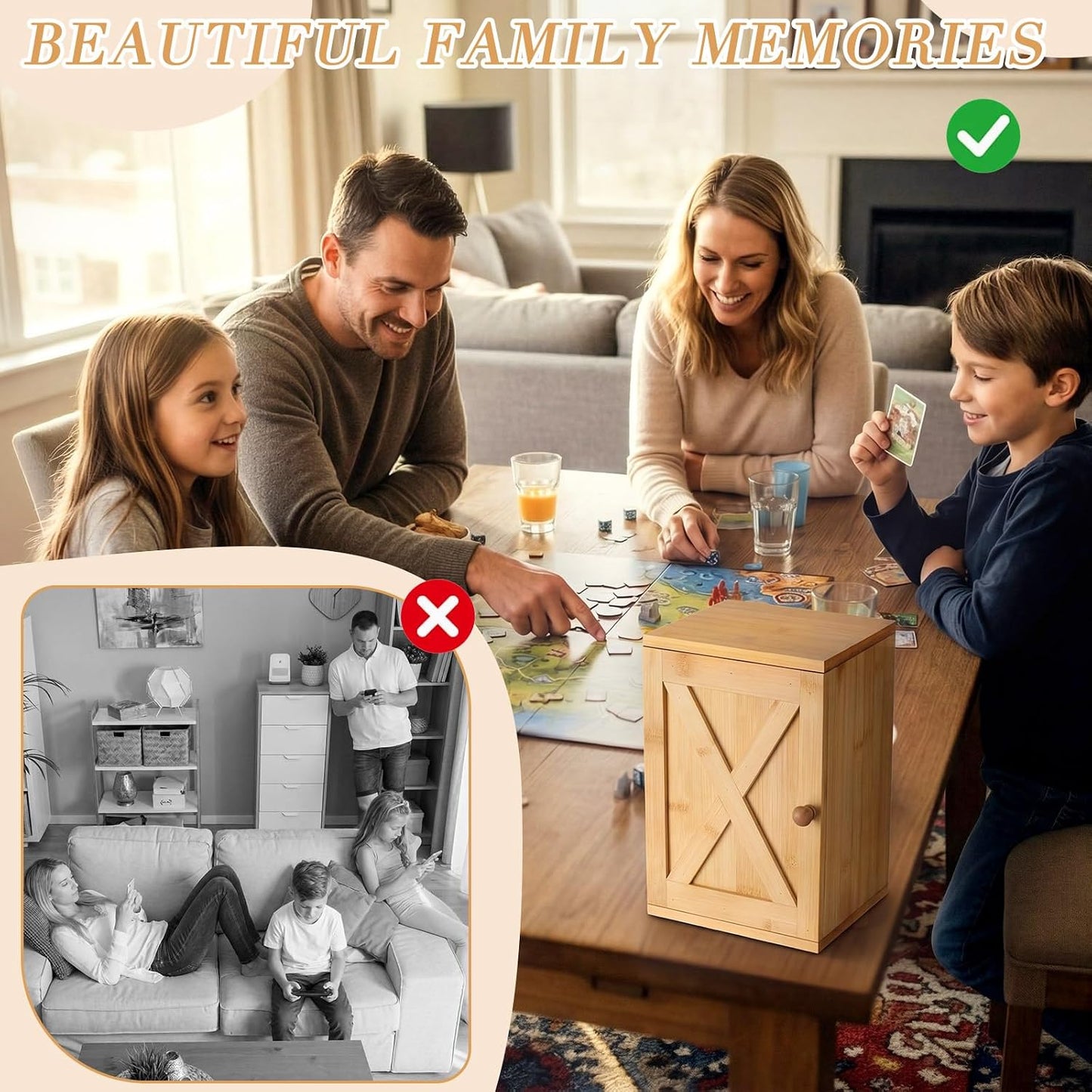Bamboo Phone Box for Family Time, 6 Phones 3 Slots, Door-Shaped