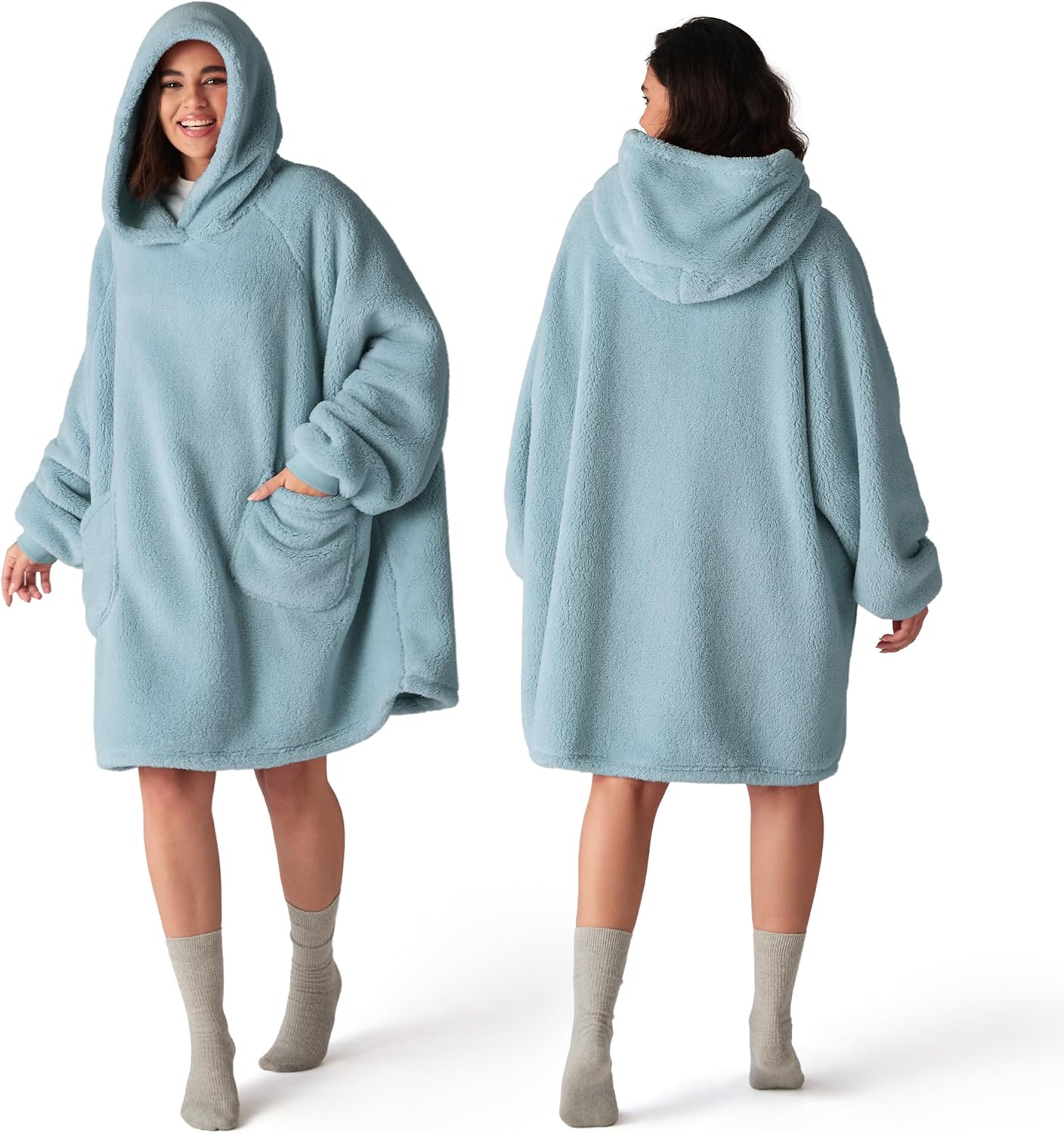 Bedsure Wearable Blanket Hoodies, Blanket Hoodie as Mothers Day Birthday Gifts for Mom Women, Warm Cozy Soft Sweatshirt Hooded Blankets for Women Men Adults, Grey, Standard