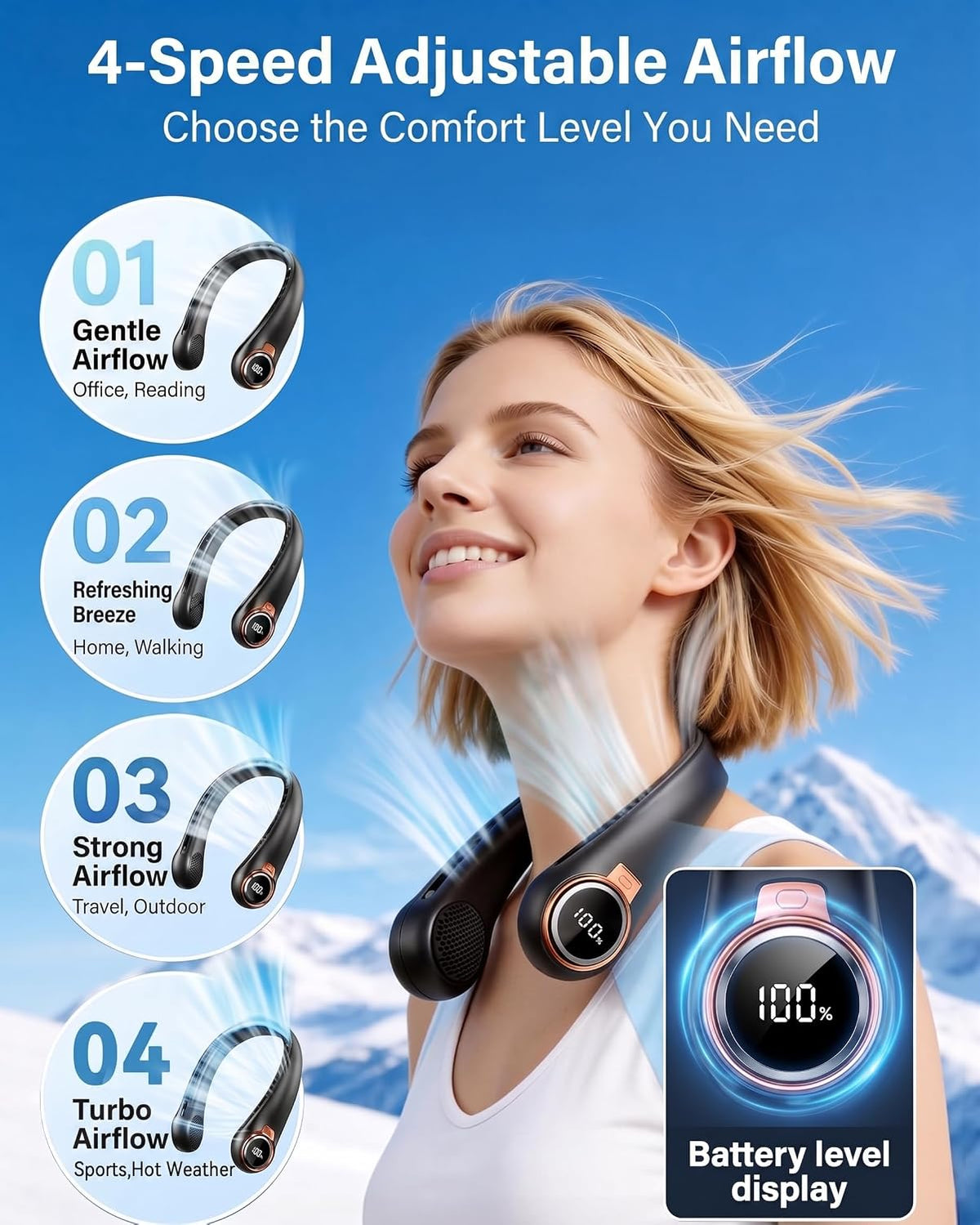 𝟐𝟎𝟐𝟔 𝐔𝐩𝐠𝐫𝐚𝐝𝐞 BNBZ Portable Neck Fan,6000mAh Rechargeable Wearable Fan with LED Display,4 Speeds,Up to 15H Runtime,Quiet 360° Airflow Hands-Free Personal Fan for Travel,Work,Gym &Outdoor Use