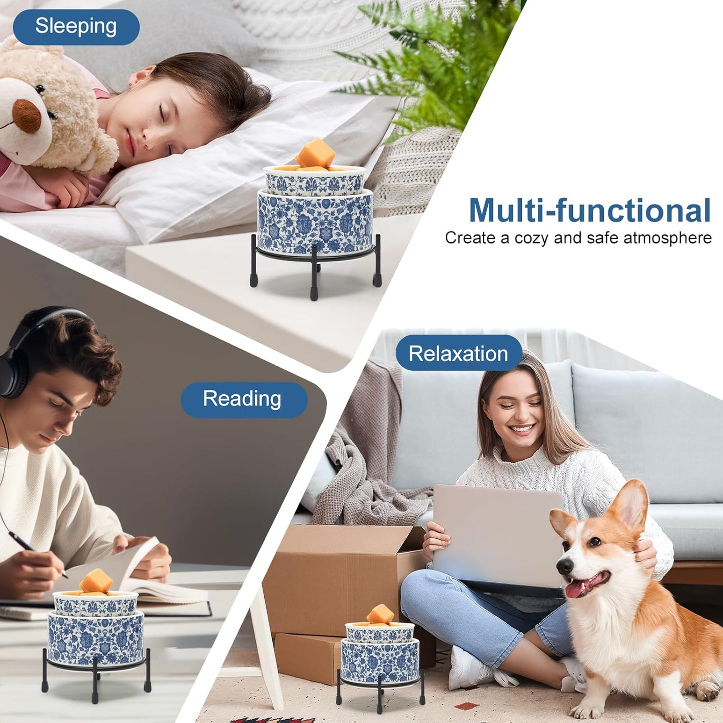 NAFANG Blue & White Porcelain Pattern Wax Melt Warmer,Ceramic 3-in-1 Electric Candle Wax Warmer for Scented Wax Melter Oil Burner for Home Office Bedroom Gift & Decor (with KD Iron Shelf)