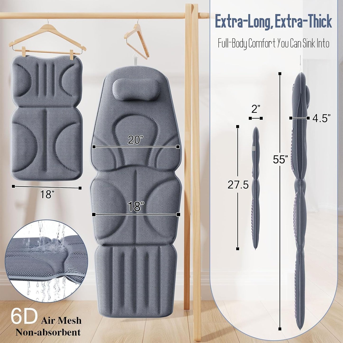 Luxury Full Body Bathtub Pillow 6D Air Mesh,Extra Long Bath Pillow for Tub Non Slip,Soft Relax Tub Pillow for Bath Head Neck Back Waist Support,Large Thick Spa Bathtub Cushion (Gray)
