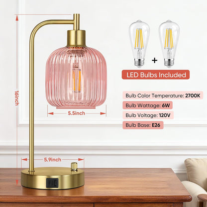 QiMH Industrial Table Lamp for Bedroom Set of 2, Green Glass Beside Lamp with USB A&C Ports, Stepless Dimmable Gold Lamps, Nightstand Lamps for Living Room, Office, Home Decor(Bulb Included)