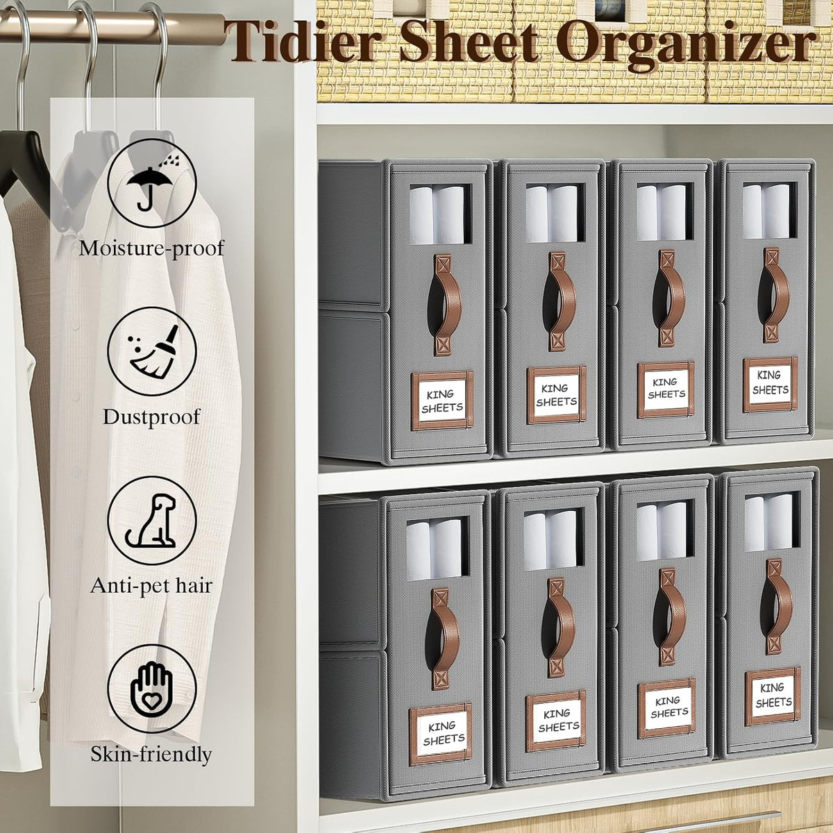 Bed Sheets Organizers And Storage,Sheets Set Folder Keeper with Handle,Foldable Bedding Storage Box For Linen Closet,Duvet Cover(King Size-3.7 Gal,Beige)