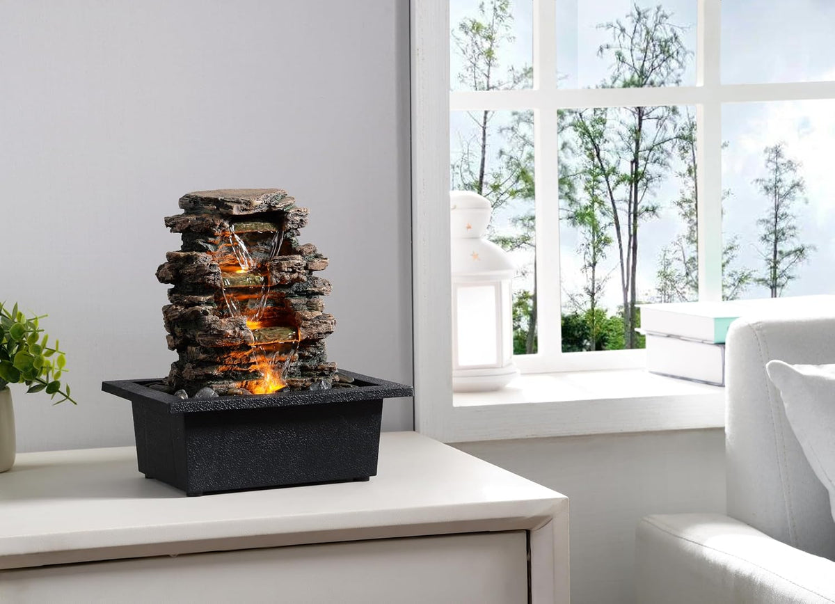 MAOCHI Tabletop Waterfall Fountain with LED Light, Indoor Zen Relaxation Desktop Water Feature with Automatic Silent Pump & Natural Stones, Desk Fountain for Home Office Decor, Stress Relief Gift