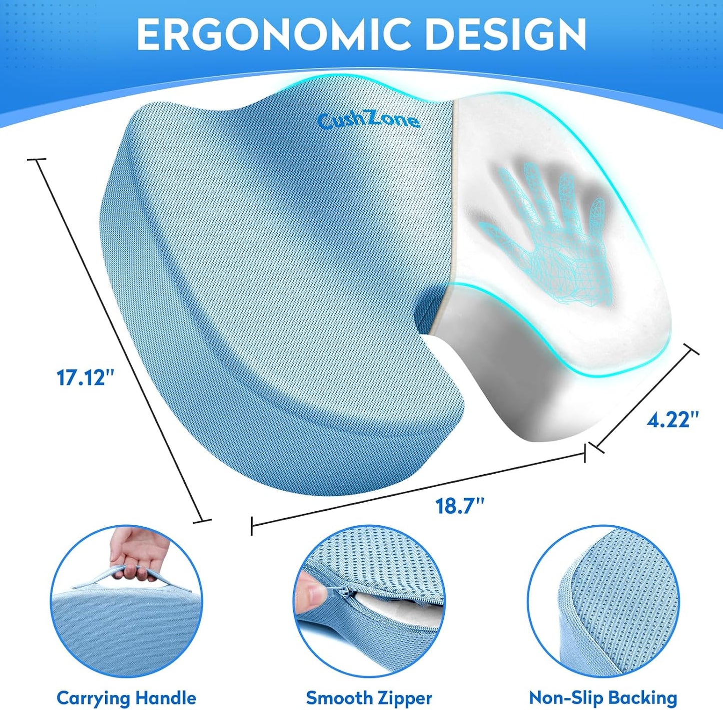CushZone Seat Cushion - Memory Foam Office Chair Cushion for Sciatica, Tailbone & Back Pain Relief - Orthopedic Coccyx Pillow for Car, Airplane, Pregnancy & Long Sitting at Work, Black