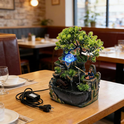 Mini Artificial Bonsai Tree Waterfall Fog Feature Rock Tabletop Fountain | 11in Desktop Decor Waterfall Fountain W/ Water Pump& Atomizer&LED Lights &Fake Tree Office Bedroom Relax