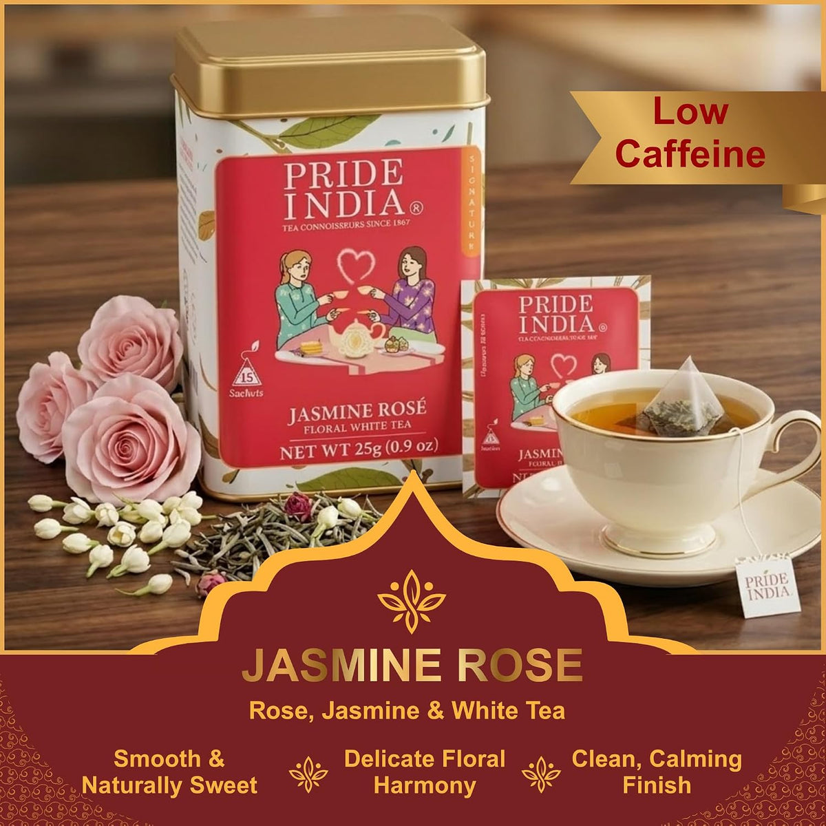 Pride of India Jasmine Rose Floral White Tea – 15 Pyramid Tea Bags | Individually Wrapped Full Leaf White Tea with Rose & Jasmine | Sweet Flavor Low Caffeine Tea for Smooth Calming Experience