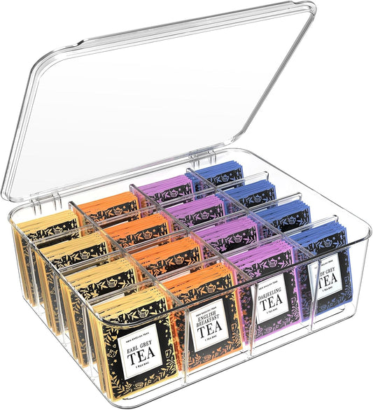 Extra Large Tea Bag Organizer, Clear Acrylic Teabag Holder with Lid | Tea bag Organizers and Storage for Countertop, Cabinet, Drink Packets Caddy for 16 Different Types