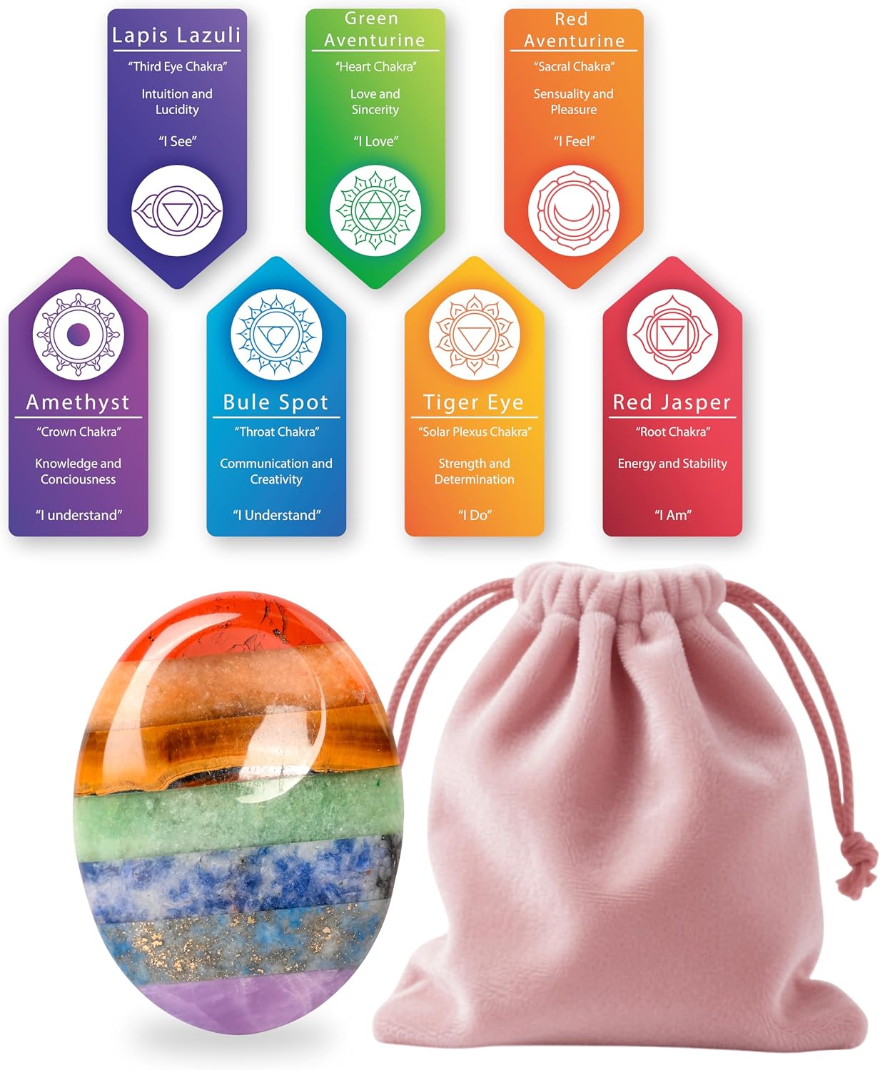 Gemstone Worry Stone, Chakras Worry Stone for Anxiety, Hand Carved Natural Pocket Palm Stones Water Drop Shape 7 Chakra Crystals and Healing Stones for Yoga Meditation 1.7"