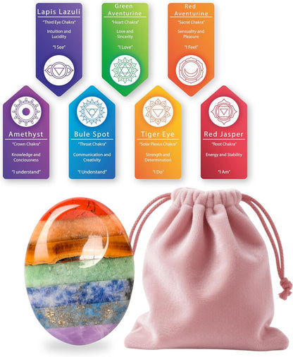 Gemstone Worry Stone, Chakras Worry Stone for Anxiety, Hand Carved Natural Pocket Palm Stones Water Drop Shape 7 Chakra Crystals and Healing Stones for Yoga Meditation 1.7"
