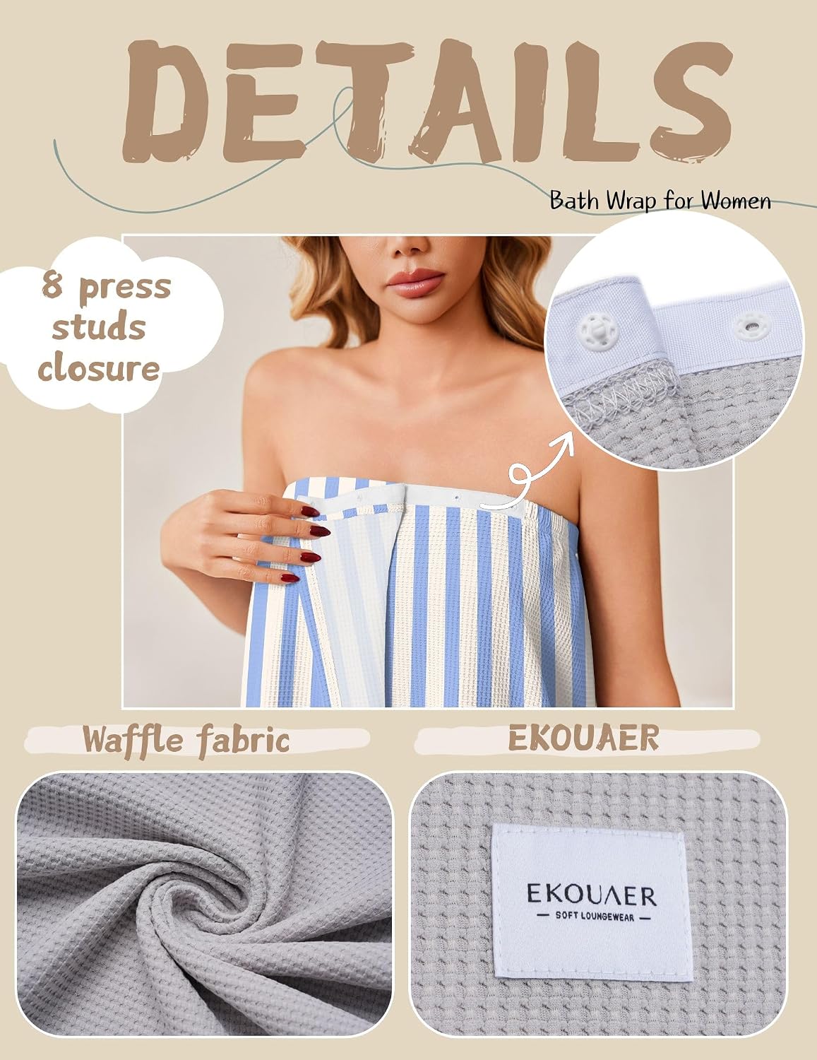 Ekouaer Waffle Robes Towel Wrap for Women Bath Wrap Lightweight Spa Robe