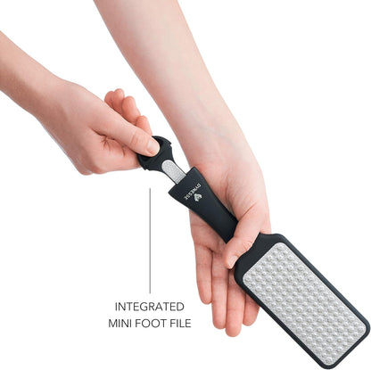 Foot File. Best Premium Pedicure Foot Rasp and Callus Remover. 3-in-1 Tool. Removes Hard Skin. No Risk of Injury. Stainless Steel. Ergonomic Handle. Washable. Works on Both Wet and Dry Feet.