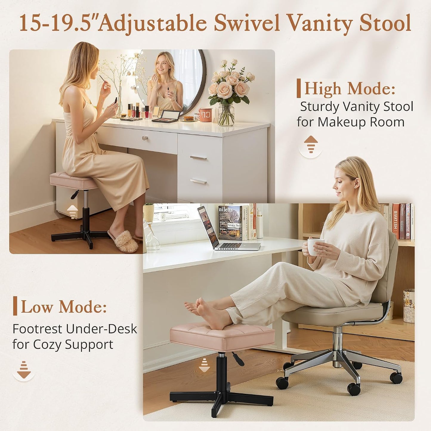 LUE BONA Adjustable Vanity Stool, Foot Rest Under Desk, 360° Swivel Vanity Chair for Makeup Room, Black Upholstered Faux Leather Ottoman for Bathroom & Living Room, 300lbs
