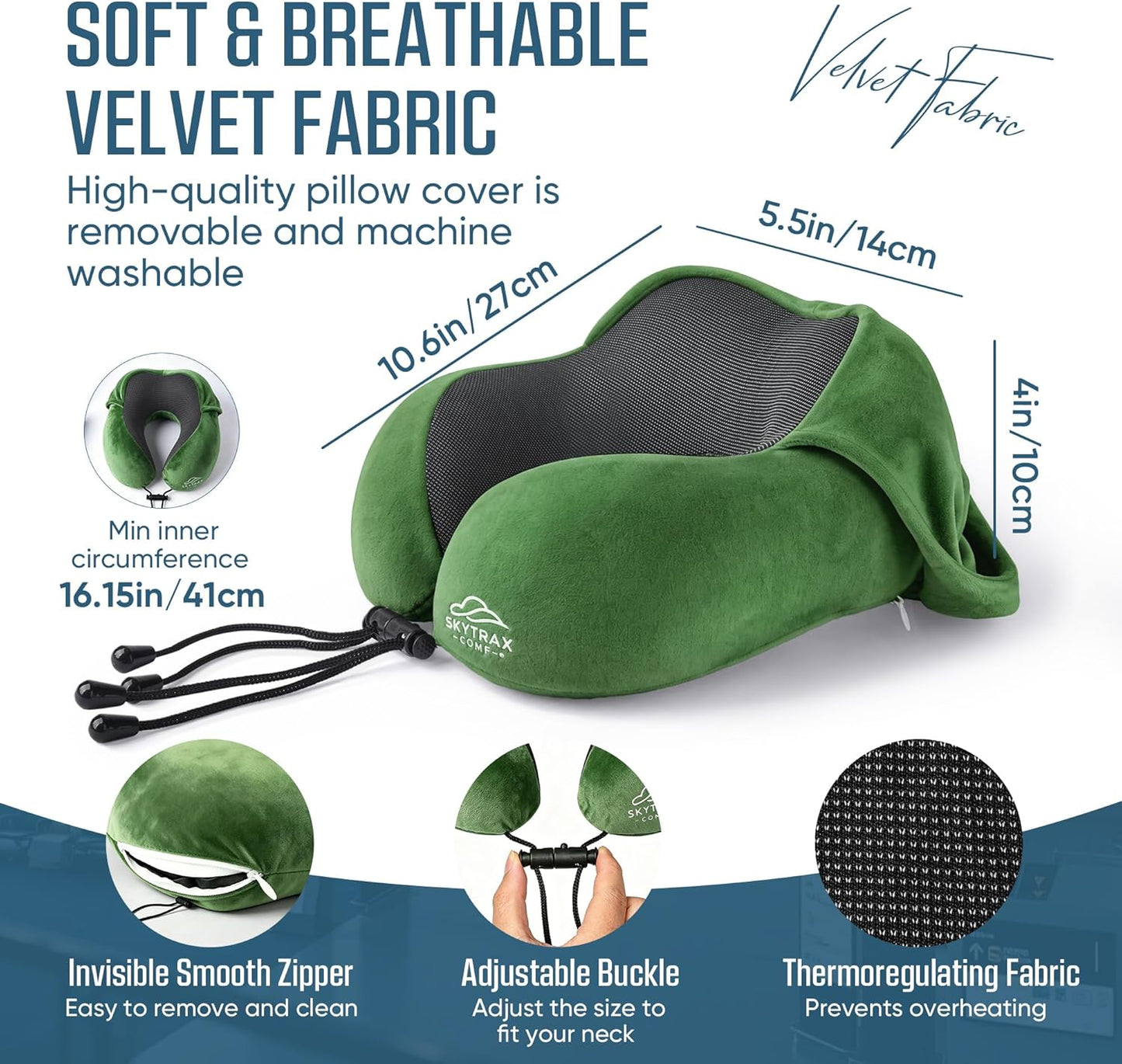 SkytraxComf® Travel Neck Pillow with Hood for Privacy on Long Flights | Memory Foam | Airplane Sleep | Safety-Tested Materials | Extra Large Hood | Chin Support | Earplugs | Washable Cover