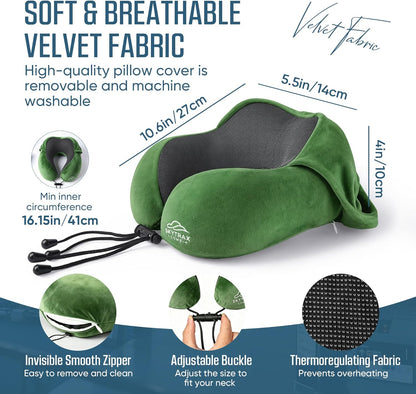 SkytraxComf® Travel Neck Pillow with Hood for Privacy on Long Flights | Memory Foam | Airplane Sleep | Safety-Tested Materials | Extra Large Hood | Chin Support | Earplugs | Washable Cover