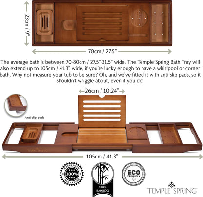 Temple Spring Bamboo Bathtub Tray Caddy for Tub — Expandable Wood Bath Tray with Solid Book Stand Wine Holder and Non-Slip Pads — Includes Bamboo Soap Dish and Spa Accessories — Luxury Bath Gift Set