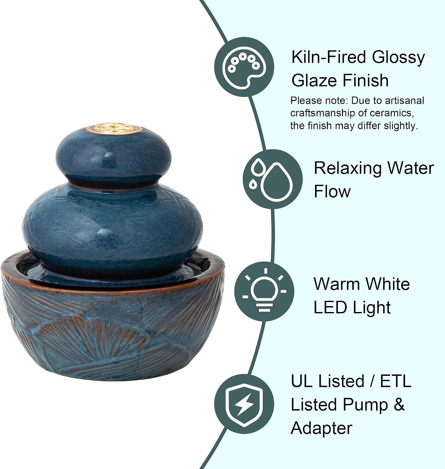 Glitzhome Ceramic Tabletop Tiered Water Fountain with Pump and LED Light 8.75'' Turquoise Leaf Textured Water Fountain Zen Decor for Indoor and Home Decoration Table Desk Office Patio