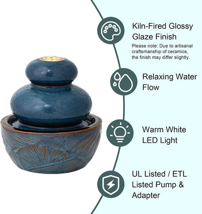 Glitzhome Ceramic Tabletop Tiered Water Fountain with Pump and LED Light 8.75'' Turquoise Leaf Textured Water Fountain Zen Decor for Indoor and Home Decoration Table Desk Office Patio