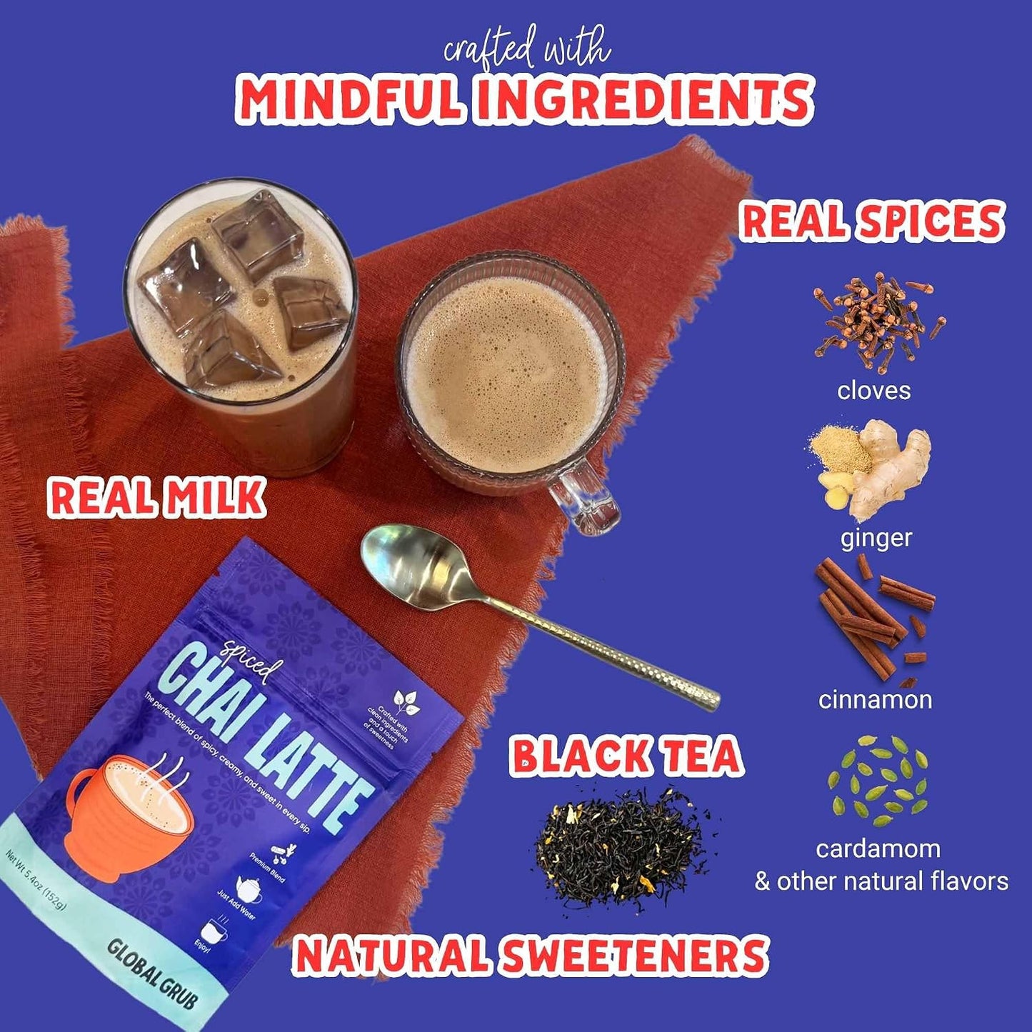 Global Grub Spiced Chai Latte Mix – Crafted with Mindful Ingredients – Effortless Instant Chai, Just Add Water, Enjoy Hot or Iced