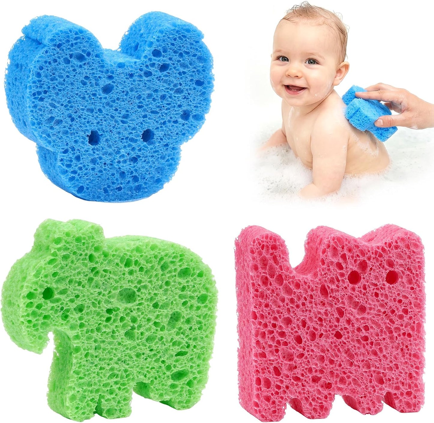 Yookat 3Pcs Cute Baby Bath Sponge Natural Soft Kids Bath Sponge with Cat Koala Elephant Shapes Plant Based Wood Pulp Cotton Shower Sponge for Infant Toddler Newborns