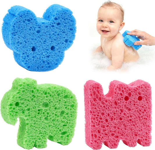Yookat 3Pcs Cute Baby Bath Sponge Natural Soft Kids Bath Sponge with Cat Koala Elephant Shapes Plant Based Wood Pulp Cotton Shower Sponge for Infant Toddler Newborns
