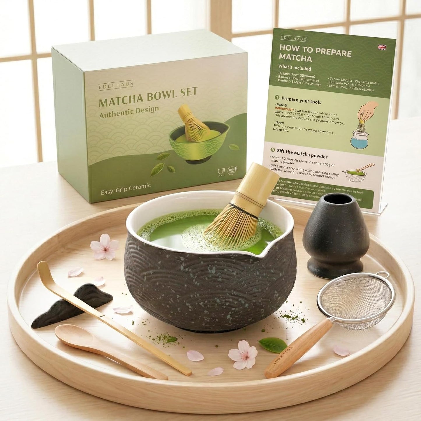 EDELHAUS Matcha Kit Whisk Set (7 Pcs) - Complete Matcha Set, Matcha Bowl with Spout, Whisk with Holder, Bamboo Scoop with Rest and Sifter, Perfect Kit for Matcha Lovers (Green Mist)