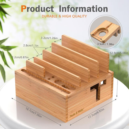 Bamboo Charging Station for Multiple Devices with USB Charger, 5 Cables