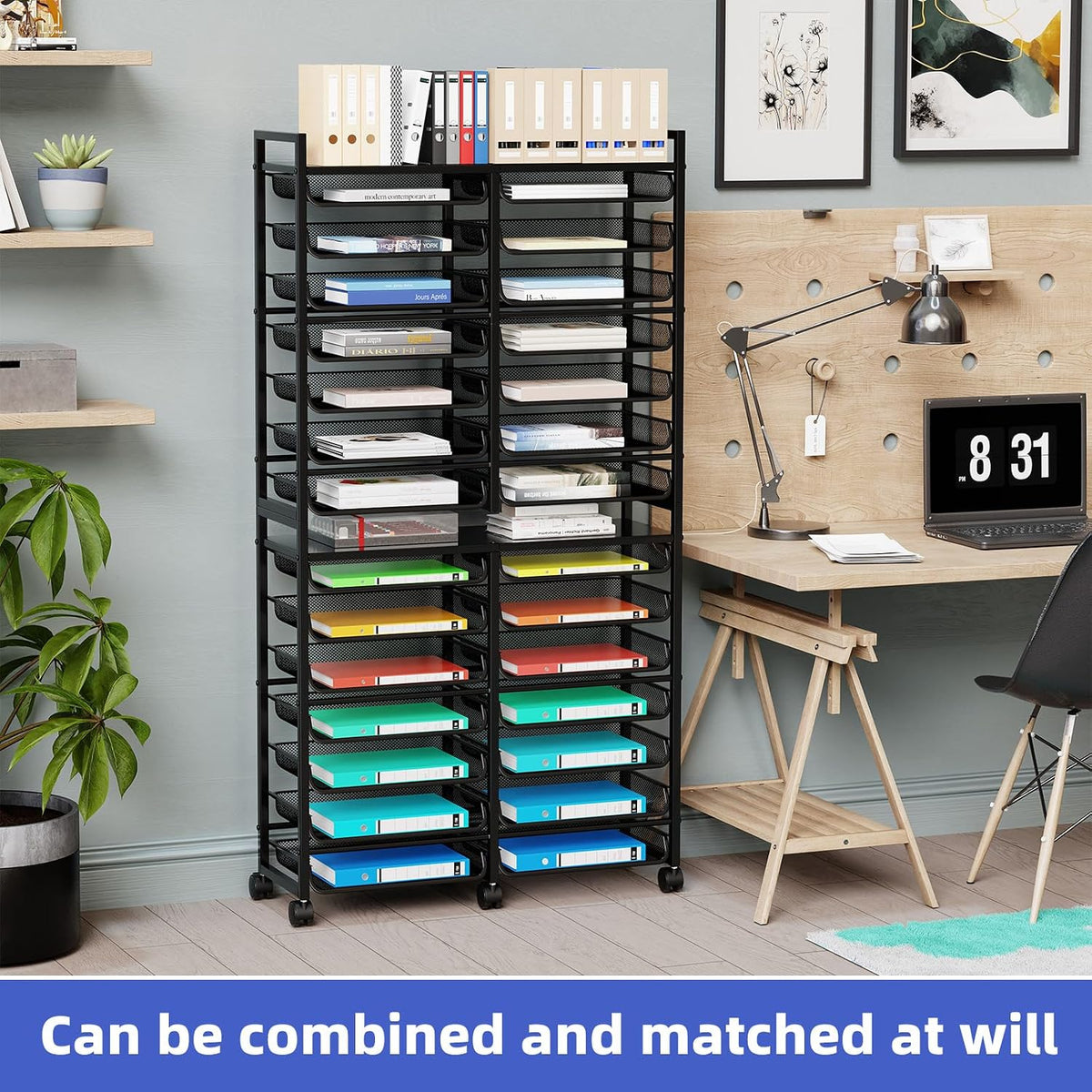 Simple Trending 12-Tier Rolling File Cart, Desk File Organizer with 11 Mesh Sliding Trays, Letter & Legal Paper Storage Rolling Utility Cart for Office Home School, Black