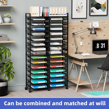 Simple Trending 12-Tier Rolling File Cart, Desk File Organizer with 11 Mesh Sliding Trays, Letter & Legal Paper Storage Rolling Utility Cart for Office Home School, Black