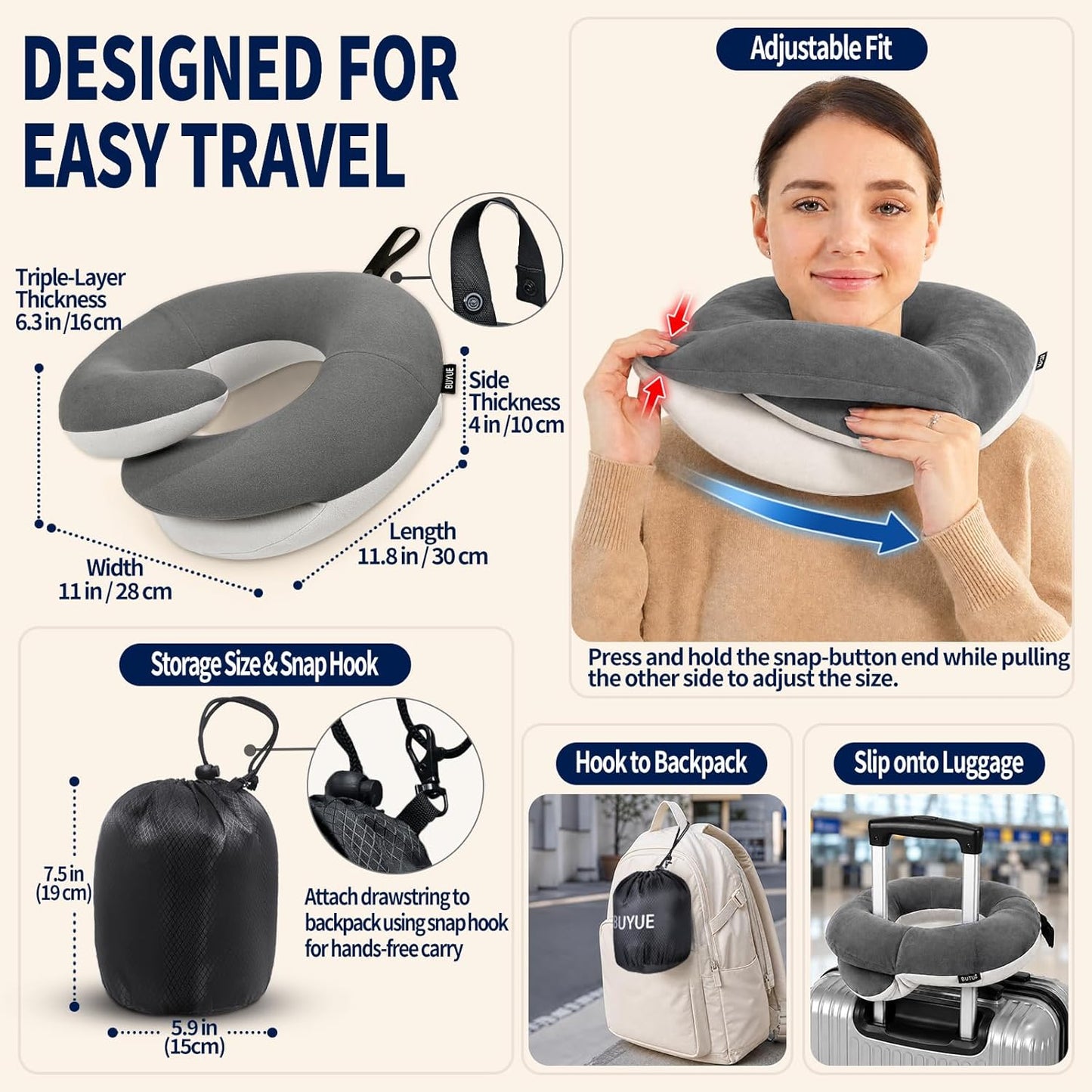 BUYUE Travel Neck Pillows for Airplanes, Memory Foam 360° Head Support Sleep for Long Flight, Skin-Friendly & Breathable, Kit with Eye Mask, Earplugs and Storage Bag (Adult, Grey, 90+ lbs)