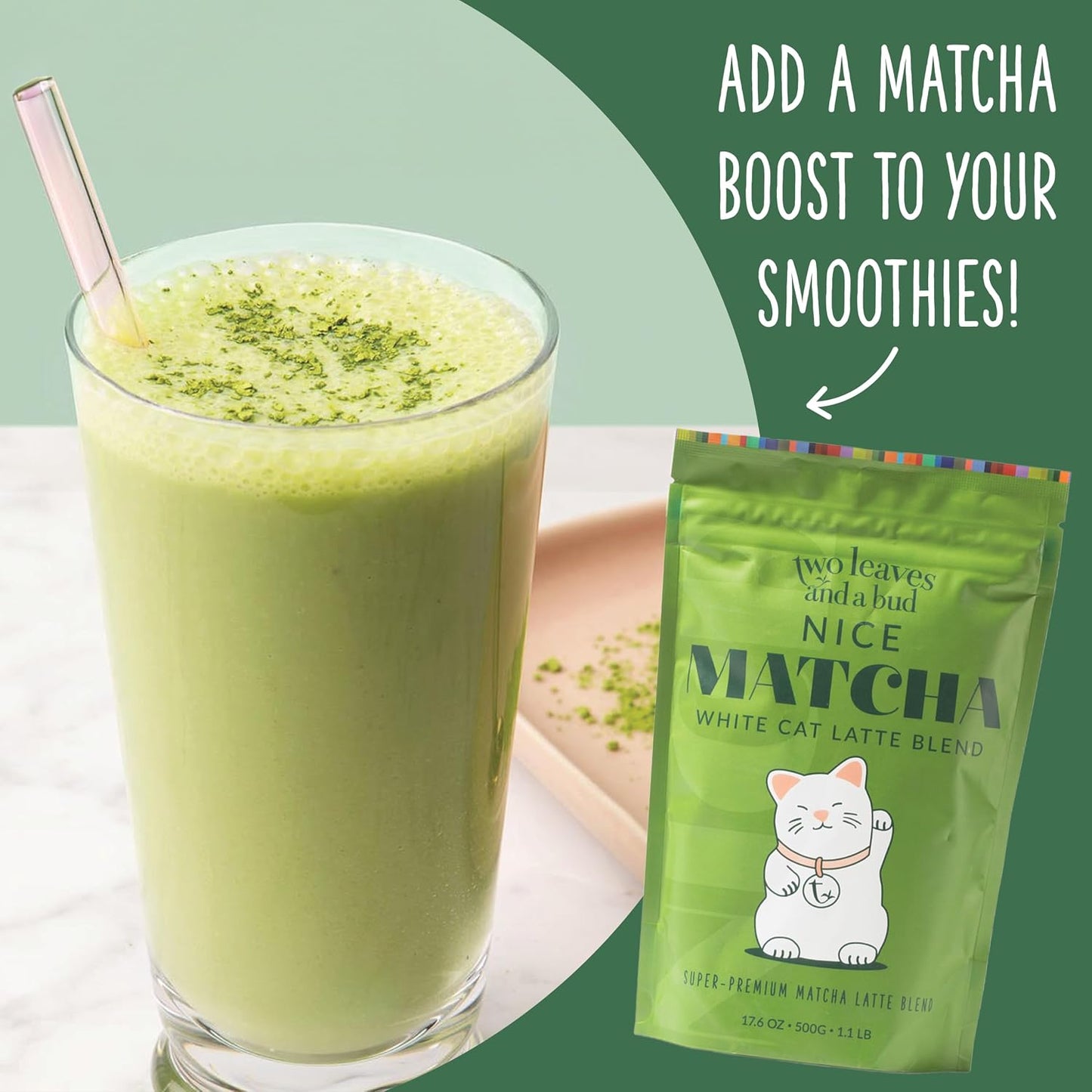 Two Leaves and a Bud Nice Matcha Latte Blend, Japanese Matcha Green Tea Powder, 2 Resealable Bags, 224g