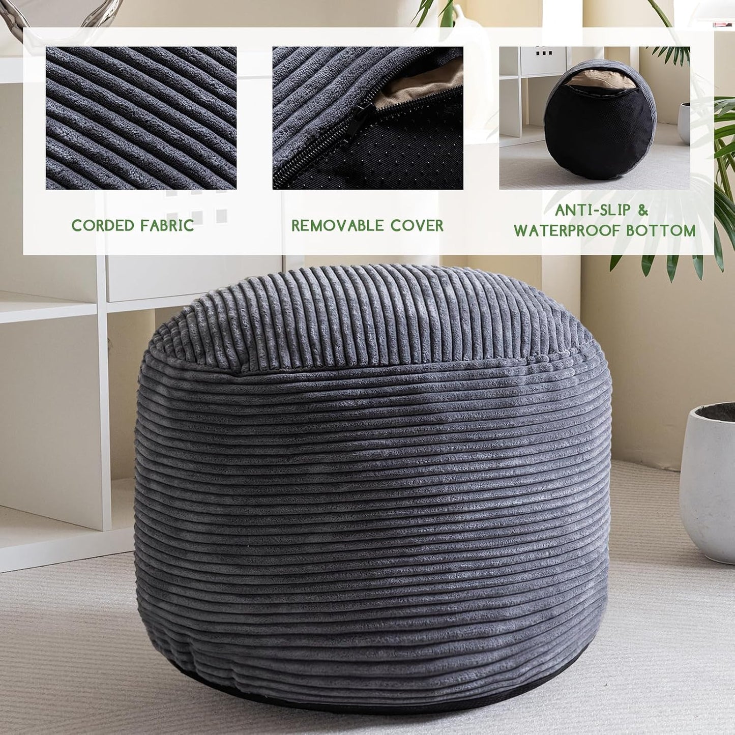 HIGOGOGO Round Stuffed Pouf Ottoman, Corduroy Poufs with Foam Chunk Filling, Furry and Fluffy Pouf Foot Stool Storage Ottoman, 20 X 15 Floor Poufs Foot Rest for Living Room, Dark Grey