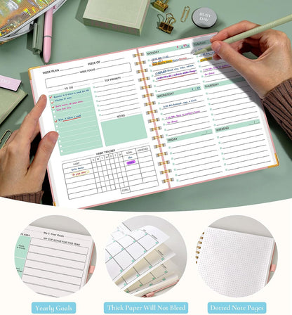 Undated Weekly Planner, Hardcover Leather Weekly & Monthly Calendar Blank Planner, To Do List Notebook with Goal & Habit Tracker Organizer, A5 Daily Planner with Spiral Binding, Ideal for Work School Home, Black