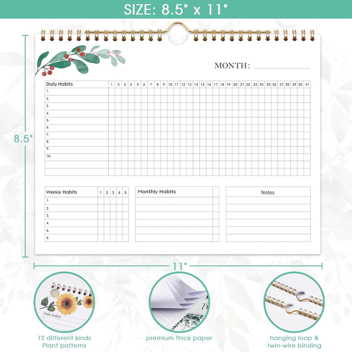 Habit Tracker Calendar - 12 Months Undated Daily Planner, 8"x10"