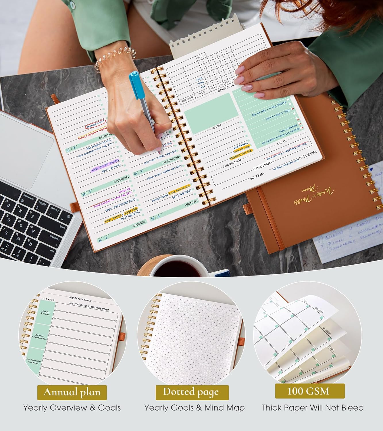 Undated Weekly and Monthly Planner, B5 Large Weekly To Do List Notebook with Goal & Habit Tracker Organizer, Hardcover Spiral Bound Blank Monthly Planner for Work School Home 7.4" x 9.64" Black